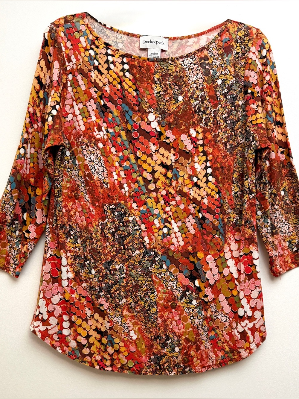 Peck & Peck Abstract Dot Print Top Size Fall Boho Stretch Knit 3/4 Sleeve Blouse